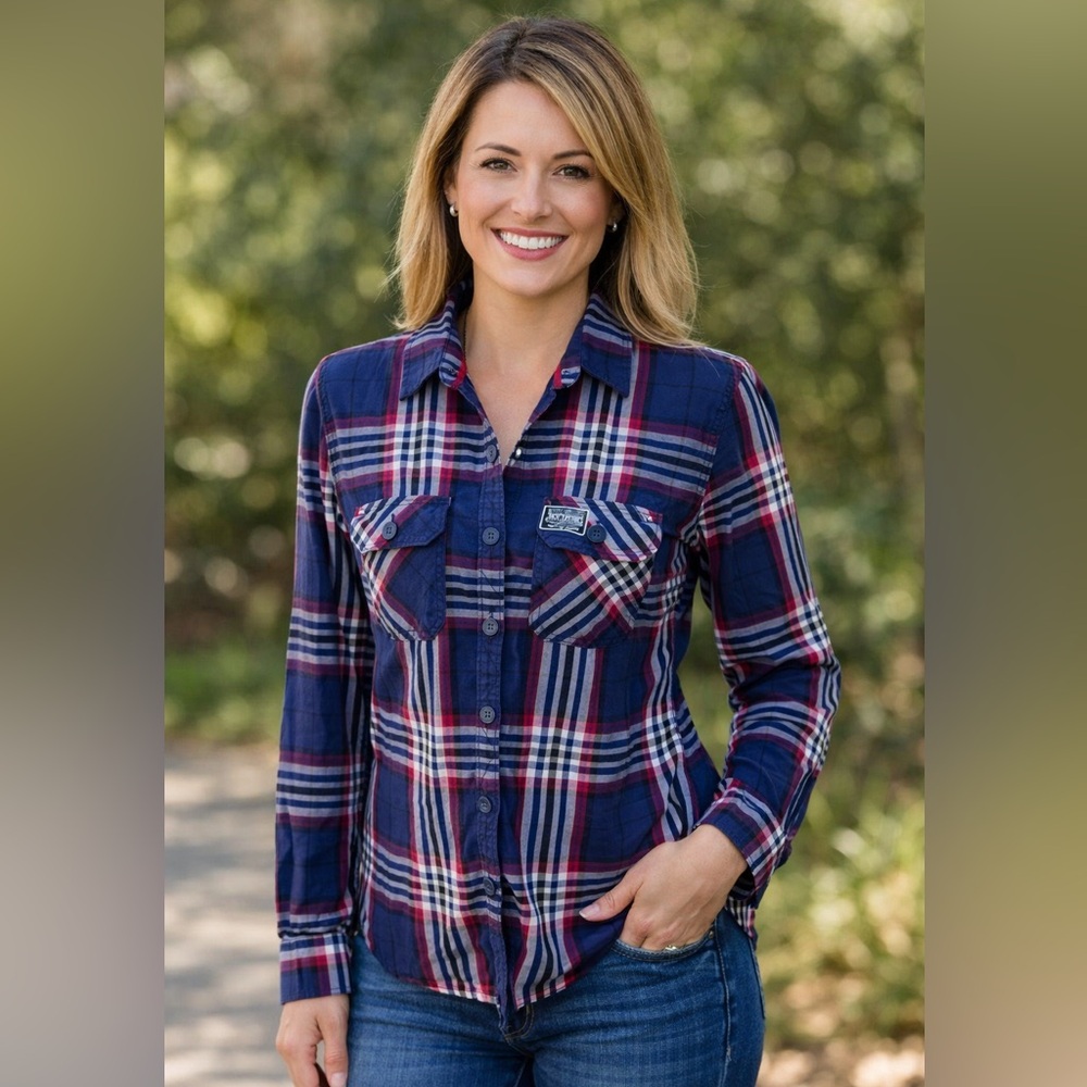 Superdry Women’s Navy Plaid Button-Front Shirt Red White and Blue Flannel